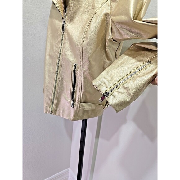 Gold Metallic Faux Leather Moto Bomber Jacket Womens Sz 1X Cyber Rock Biker ModX - Picture 2 of 9
